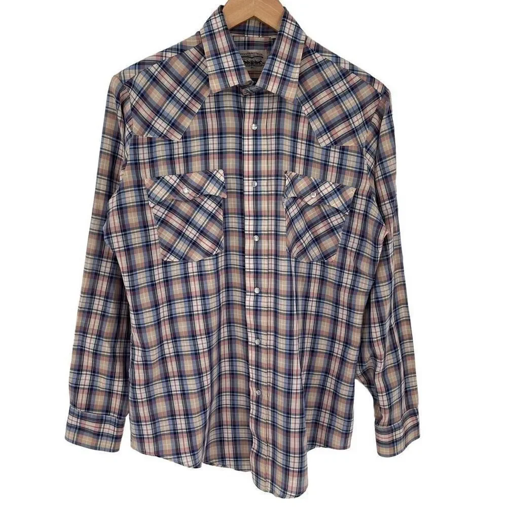 Vintage Levi's Plaid Pearl Snap Button‎ Up Long Sleeve Western Shirt Men Medium